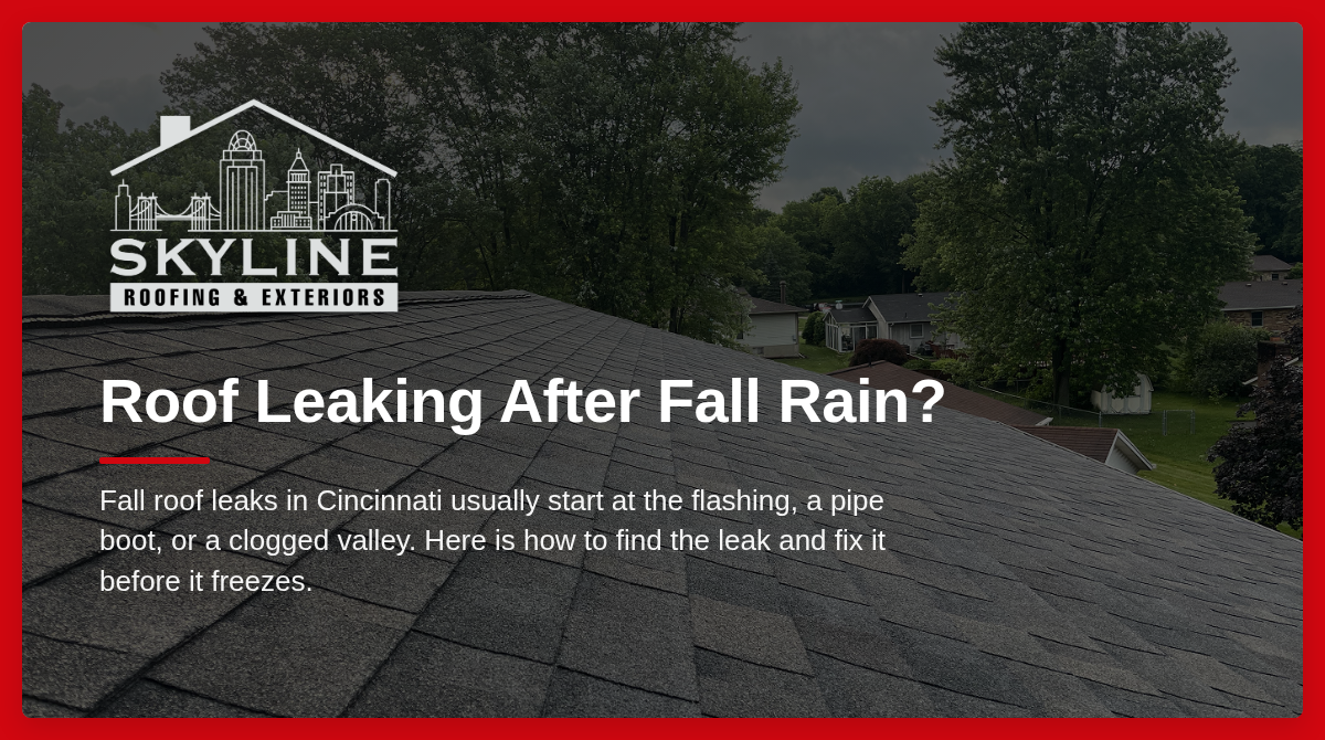 A dark gray shingled roof under overcast skies with text overlay explaining common causes of fall roof leaks in Cincinnati.
