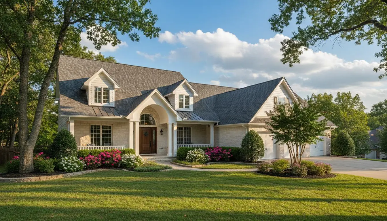 A charming two-story suburban home with a stone facade, arched entryway, and vibrant flower beds under a partly cloudy sky.