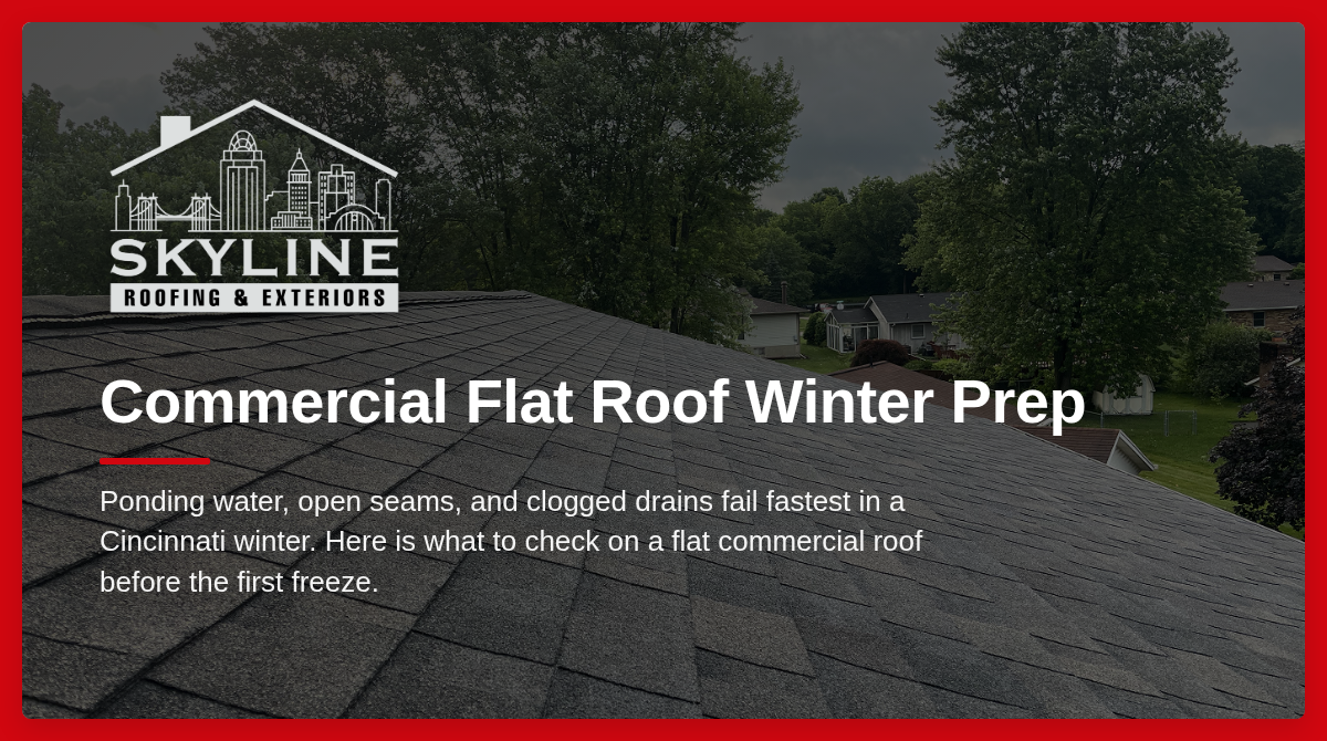 A guide on preparing commercial flat roofs for winter, highlighting common failure points like ponding water and clogged drains.