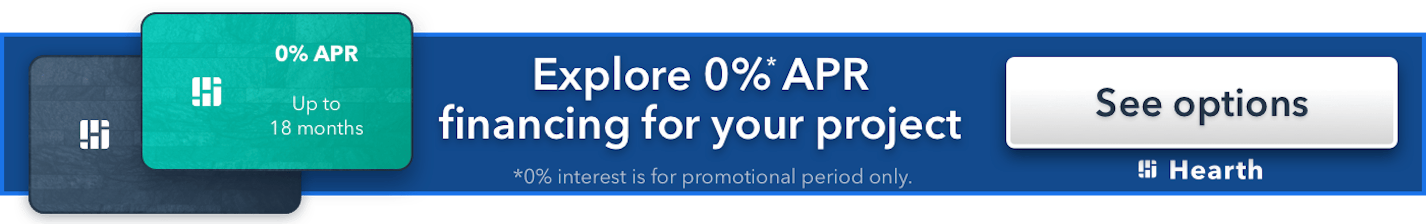 A promotional banner advertising 0% APR financing for up to 18 months with a 'See options' button.