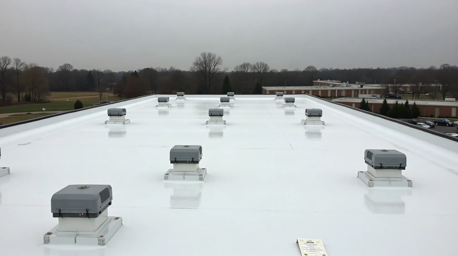 Low-slope commercial building roof with clean white TPO membrane and rooftop units, wide photographic view, overcast soft light, no text