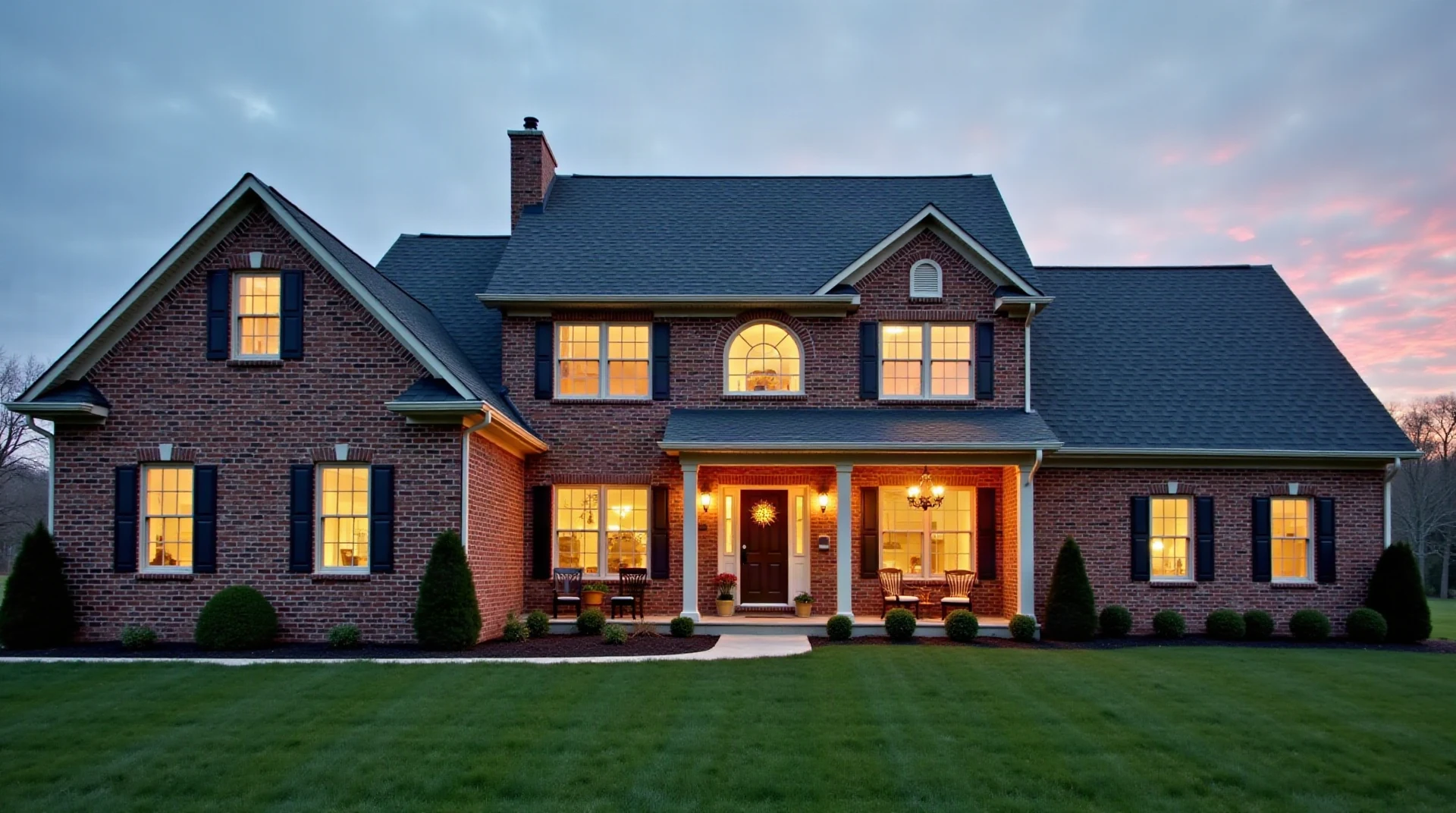 Handsome brick two-storey home in Ohio with a freshly replaced charcoal shingle roof at dusk with warm windows, photographic, no text
