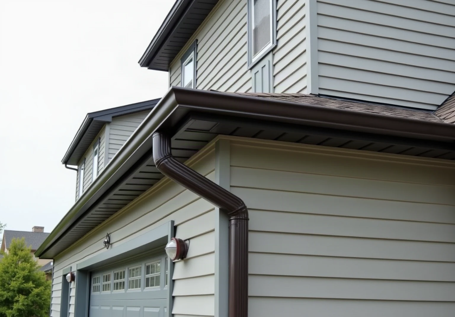 New seamless dark bronze gutters and downspout on a two-storey house with fresh grey fiber cement lap siding, photographic, no text