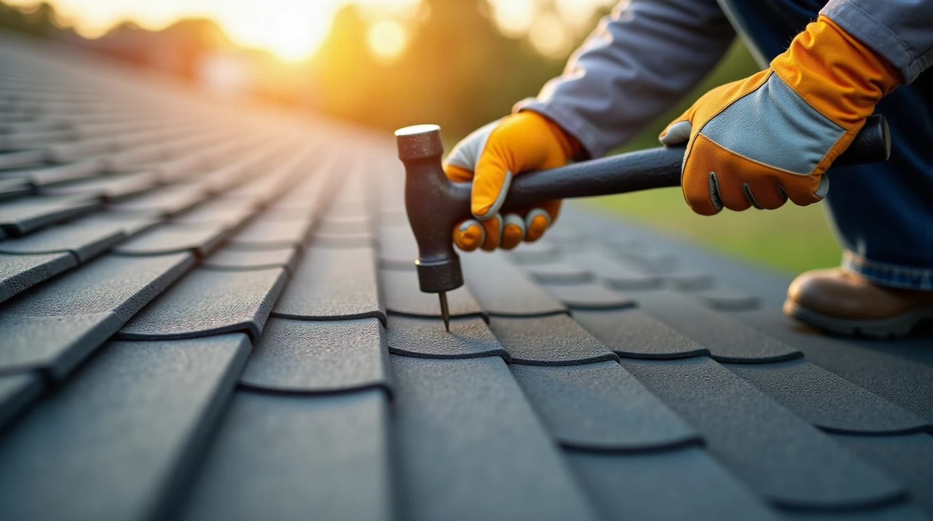 Close-up of a roofer's gloved hands nailing asphalt shingles with a hammer, warm light, shallow depth of field, photographic, no text