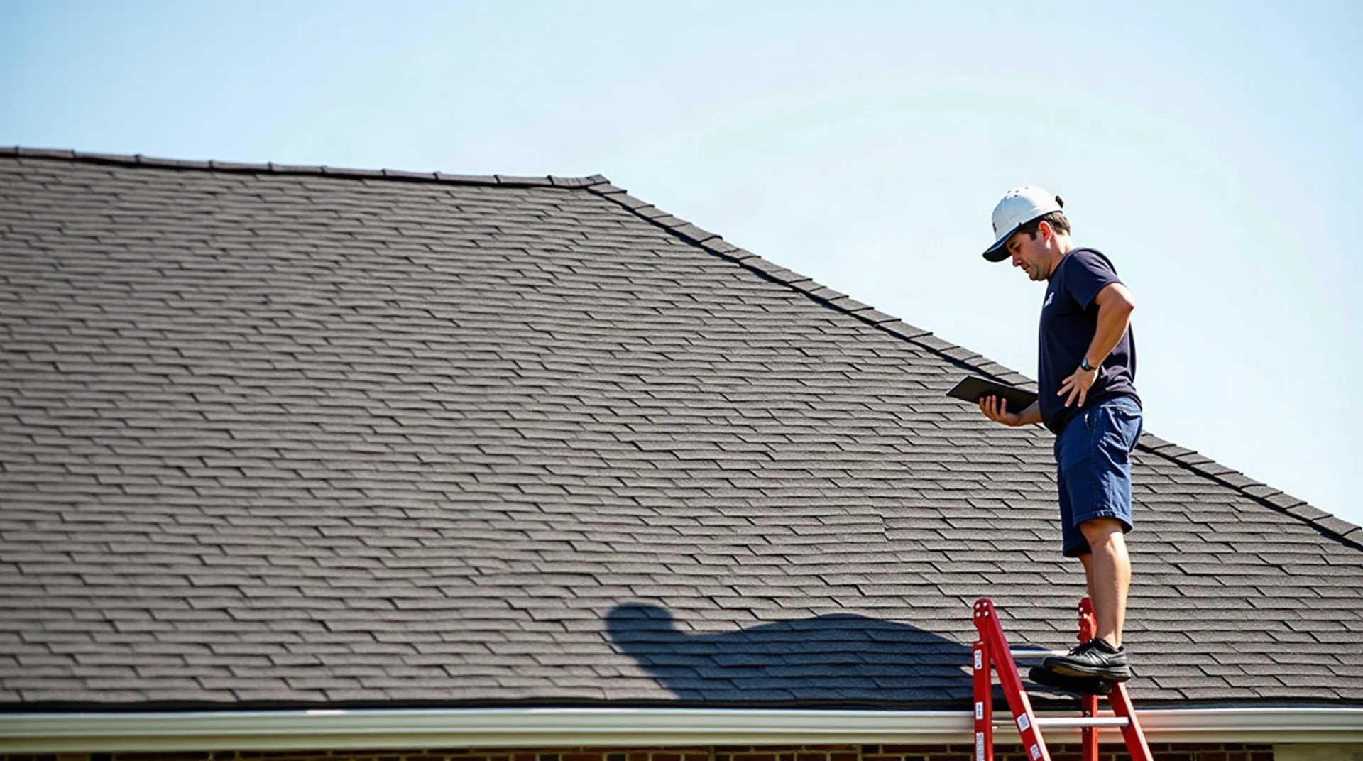 Roof inspector on a ladder examining shingles on a residential roof with a clipboard, bright day, photographic, no text