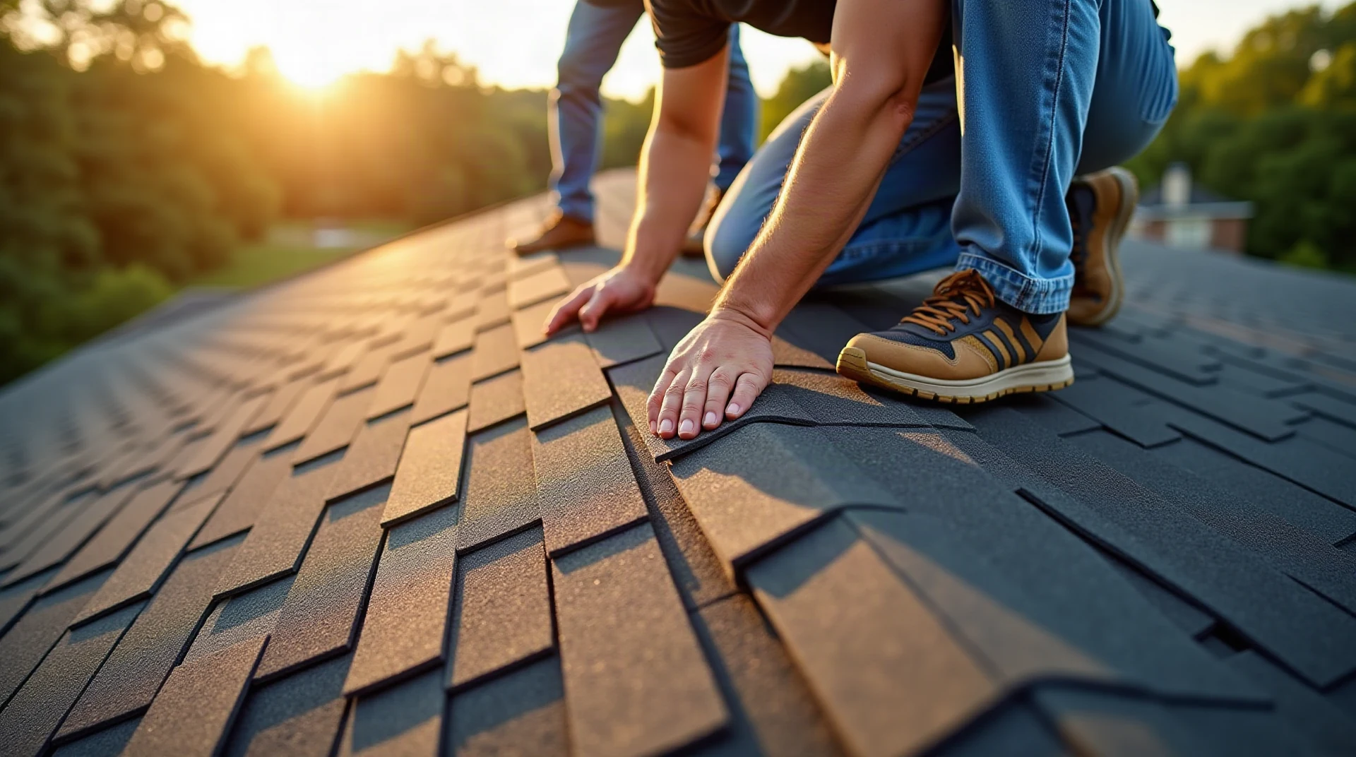 Two roofers installing new dark architectural asphalt shingles on a suburban Ohio house roof, golden late-afternoon light, photographic, no text