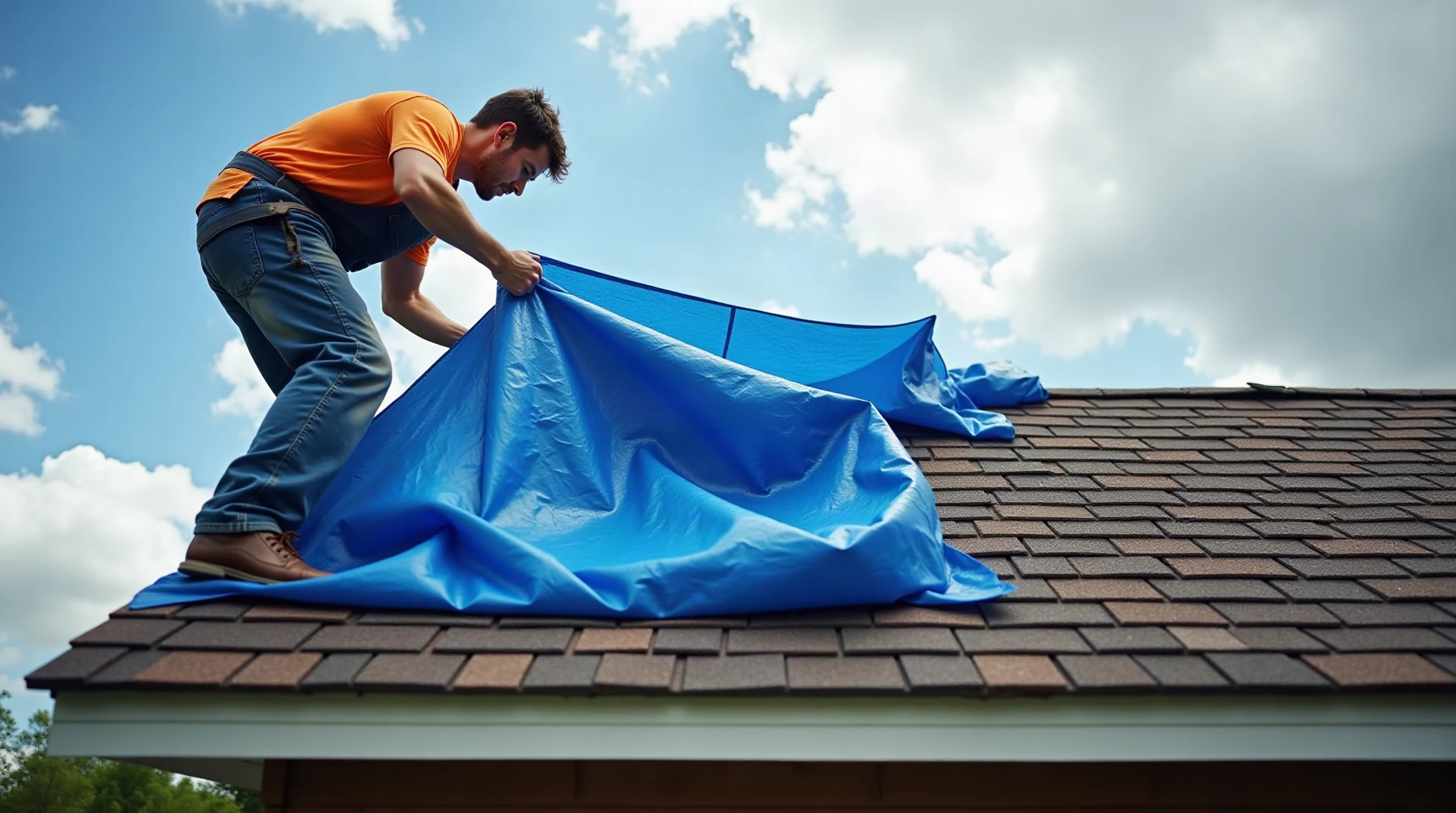 Roofer securing a blue emergency tarp over a storm-damaged house roof after a storm, dramatic clearing sky, photographic, no text
